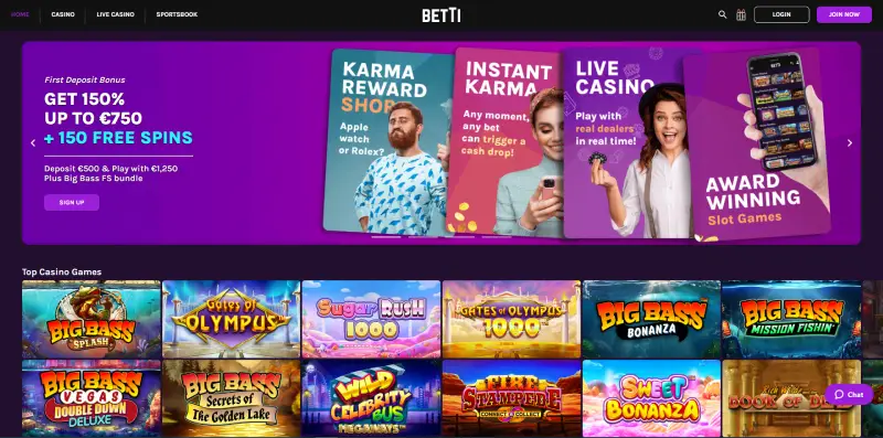 Betti Casino Home Page screen photo